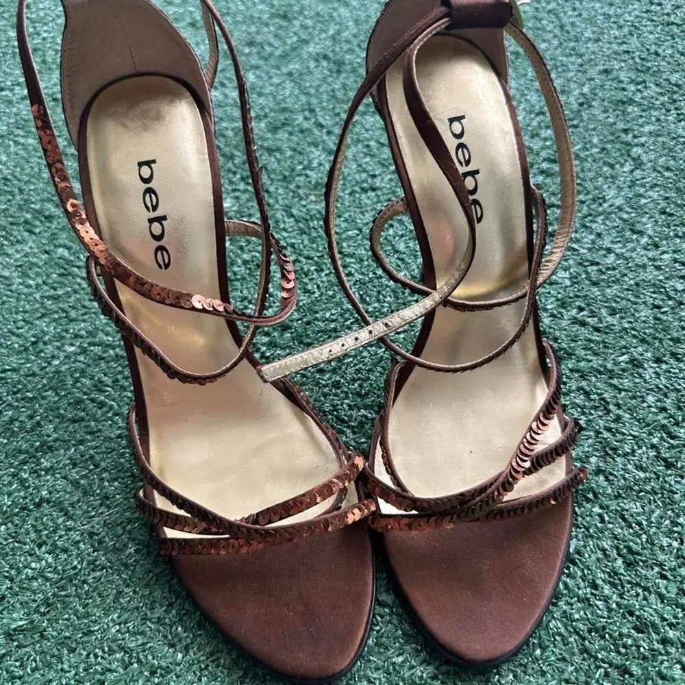vintage bebe brown sequin heels